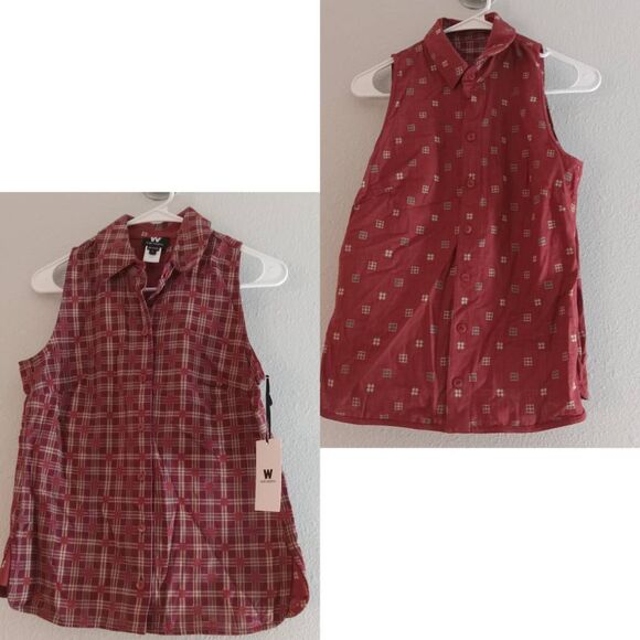Worth Tops - W By Worth Button Up Shirt Women's 2 Rust Plaid Sleeveless Reversible Blouse New